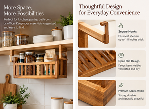 Wooden Under Shelf Storage Basket Acacia Hanging Organizer Rack Open Slat Kitchen Pantry Bathroom Shelf Tray - Product Image 2