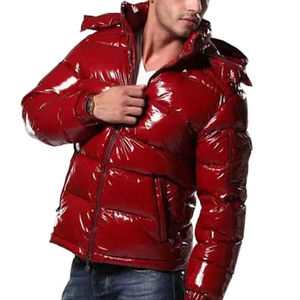 Men's <b>Red</b> <b>Hooded</b> Puffer <b>Jacket</b> PU Coated Windproof Zipper Closure Casual Winter Wear Thick Insulated Solid Color Regular Fit - Product Image 2