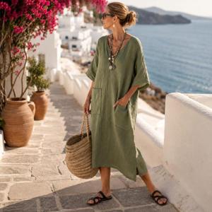 Robe longue ample à col en V faite à la main, à rayures contrastées, manches trois quarts, style bohème, pour l'été, en tissu de coton gaze respirant - Product Image 1