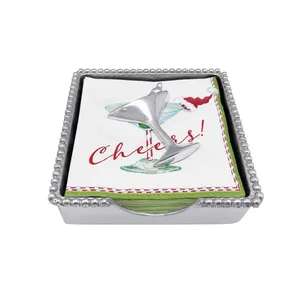 Christmas Cheers Printed Cotton Napkins <b>Set</b> of 12 <b>Square</b> Reusable Party Napkins with Silver Ornament Holder - Product Image 1