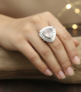 Natural Rose <b>Quartz</b> Triangle <b>Ring</b> 925 Silver Rose Gold Yellow Gold Plated Handmade Gemstone Statement Jewelry Christmas gift - Product Image 3