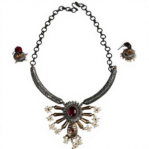 ชุดสร้อยคอจี้แต่งงานสไตล์โบฮีเมียนประดับมุกเซอร์คอนสองสีแบบออกซิไดซ์ ชุบแพลตตินัม พร้อมต่างหูแบบจุมก้า ของขวัญสำหรับเธอ - Product Image 1