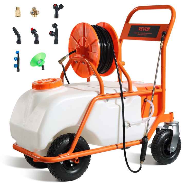 Hot Sale 15 Gallon Battery-Powered Lawn Sprayer Adjustable 0-90 PSI Wide Mouth Lid 8 Nozzles 2 Wands 12V 12Ah Battery Wheel Wheel