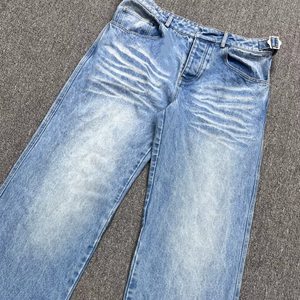Jean en coton de haute qualité pour homme, nouveau modèle du fabricant, coupe droite déchirée, avec boutons décoratifs, style délavé et patchwork, jambe large - Product Image 5