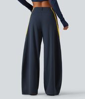 Pantalon de danse sportif taille haute pour femme, coupe élégante, blocs de couleur, rayures latérales, jambe large, poches plaquées