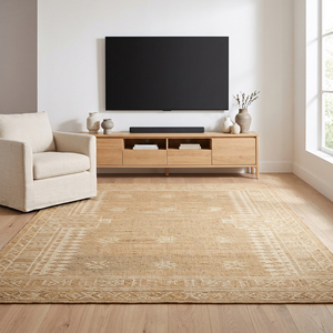 Handcrafted Natural Jute Rug Beige <b>Cream</b> Geometric Border Flatweave Area Carpet Modern Anti-Slip Fringed Edges Home Decor - Product Image 2