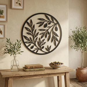 Couronne murale élégante en métal noir avec branche d'olivier, décoration minimaliste en forme de feuille pour salons contemporains - Product Image 5