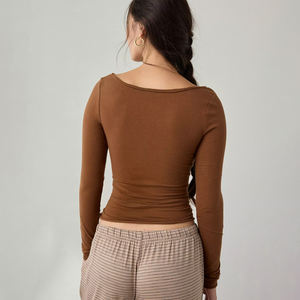 เสื้อครอปเฮนลีย์ผู้หญิง ผ้าฝ้าย 100% แขนยาว กระดุมหน้า ทรงพอดีตัว สไตล์สตรีทแฟชั่น เสื้อยืดคอกลม ขายส่ง เสื้อสไตล์ Y2K - Product Image 2