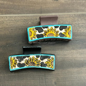 Nueva tendencia vaquera estilo occidental hecho a mano cuero tallado pinzas para el cabello Real hecho a mano cuero Horquillas para el cabello accesorios para mujeres - Product Image 2