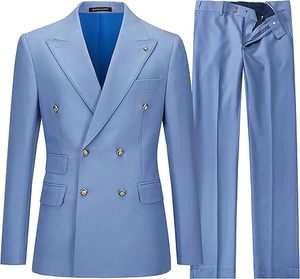 Men Blue Double Breasted <b>Wool</b> Blend Suit Slim Fit Business Formal Wear Notched Collar Anti-Wrinkle <b>Pants</b> Set - Product Image 1