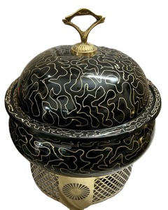 Casserole ronde en émail noir avec couvercle à motif doré, réchauffe-plats isolé, design oriental, pot en métal avec poignée en alliage de zinc - Product Image 3
