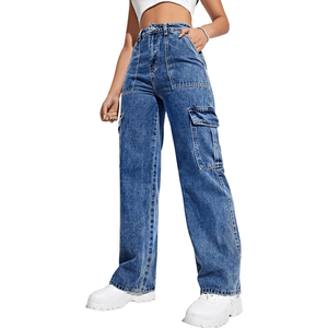 OEM ODM Pantalones vaqueros cargo de algodón 100% para mujer, transpirables, de verano, de cintura alta, corte holgado, pierna ancha, a la moda, con lavado a la piedra - Product Image 3