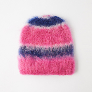 Custom <b>Fluffy</b> Mohair Beanie Soft Gradient Striped <b>Cuff</b> Hat Fashionable Warm Manufacturers Caps for Beach UsePink Blue Striped - Product Image 1