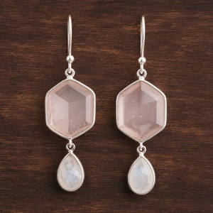 Pendientes Colgantes de Plata de Ley 925 con Piedra Lunar Arcoíris y Cuarzo Rosa, Joyería de Piedras Preciosas Naturales, Regalo para Ella - Product Image 1