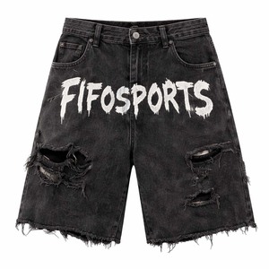 Shorts en jean déchirés pour hommes avec logo personnalisé, imprimé graphique streetwear noir, vente en gros - Product Image 1