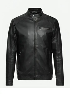 เสื้อแจ็คเก็ตหนังสีดำสไตล์คาเฟ่เรเซอร์สำหรับผู้ชาย - Product Image 1