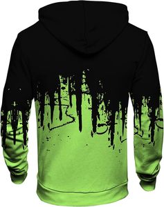 Sudadera con capucha para hombre, negra y verde con estampado de goteo, cremallera, efecto lavado, corte regular, informal, para otoño, con logo tejido frontal, estilo urbano. - Product Image 1