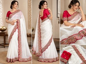 Sari blanc en chiffon premium croustillant avec broderie contrastante en sequins, dentelle jacquard et blouse Butti brodée à festons, modèle de créateur - Product Image 5