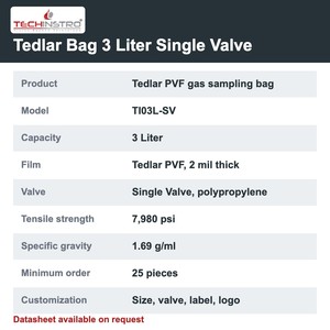 Sac d'échantillonnage de gaz TECHINSTRO Tedlar 3 litres avec film PVF et valve unique, étanche pour l'échantillonnage d'air, de COV et de gaz du sol - Product Image 6
