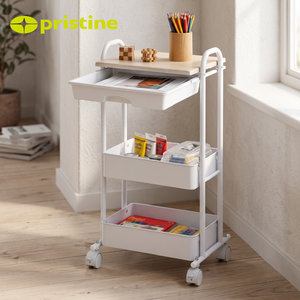 Three-Layer Plastic Rolling Storage Cart With Wooden Top Minimalist Design For Office Neatening And Organization - Product Image 4