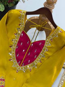 Conjunto de Salwar Kameez amarillo bordado con dupatta rosa, vestido tradicional indio pakistaní para bodas y fiestas, corte holgado para mujer - Product Image 5
