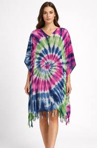 Caftán Largo de Viscosa Tie-Dye, Estilo Bohemio, Ecológico, Cuello en V, Transpirable, Asimétrico - Product Image 4