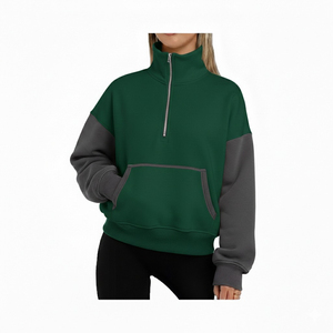 Women Private Label Color <b>Block</b> Quarter Zip Sweatshirt with Front Logo Heavy Fleece Oversized Pullover OEM ODM Supplier Hoodies - Product Image 4