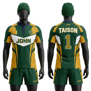 Maillot de rugby pour homme 240 GSM en polyester tricoté haute densité, rayures dorées et vert-bleu marine, personnalisable avec nom et numéro sublimés - Product Image 3