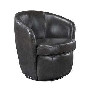 Fauteuil pivotant de luxe 1 pièce avec dossier en forme de baril, en bois massif et revêtement en cuir pleine fleur gris, pour salon - Product Image 3