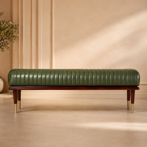 High Demand Modern Buff Leather Linear Adjustable Cutting <b>Bench</b> with Solid Akacia Wood Legs Green Leather Wholesale Export Price - Product Image 3