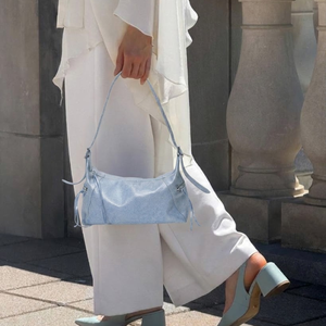 Shiny Light Blue Women's PU Portable Shoulder <b>Bag</b> Fashion Zipper Closure Single Strap Tassel Detail Daily Life Use - Product Image 5