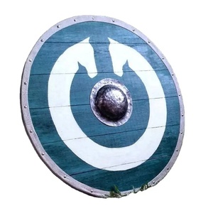 Bouclier Viking rond en bois de 24 pouces fait main par Ahmad Fabric DIY, avec centre en acier et motif cheval blanc, bouclier décoratif bleu - Product Image 1