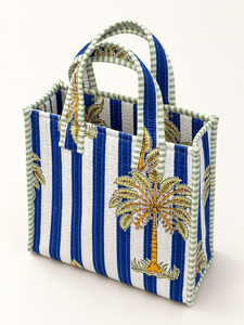 Sac fourre-tout matelassé en coton pour femme Veer Handicrafts QB-002, imprimé palmiers tropicaux rayés bleus, poignées vertes, fermeture éclair, plage - Product Image 1