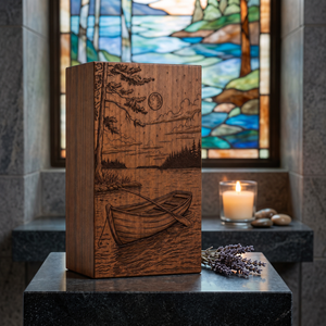 Wooden <b>Memorial</b> Urn Engraved Cremation <b>Keepsake</b> <b>Box</b> Boat Lake Landscape Funeral Tribute Decor - Product Image 3
