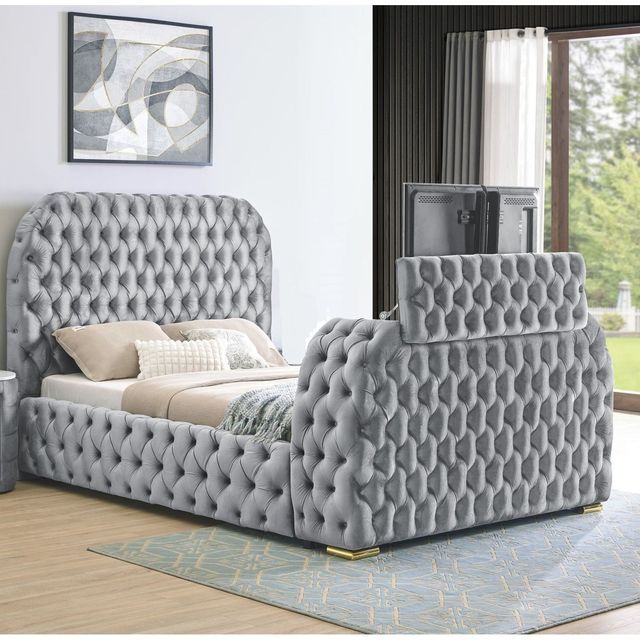 Luxurious Comfort Queen Bed Deeply Tufted Headboard Innovative Design Built-In Electric Fireplace Television Lift Gray Velvet