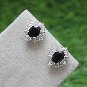 Oval Black Onyx Stud <b>Earrings</b> 925 Sterling Silver <b>Handmade</b> CZ Halo Elegant Jewelry Gift For Women Fashion <b>Earrings</b> - Product Image 3
