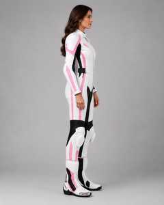 Women Full Sleeve Leather Motorcycle Racing <b>Suit</b> <b>White</b> Pink Black Color Blocked All Seasons Protective Gear - Product Image 3