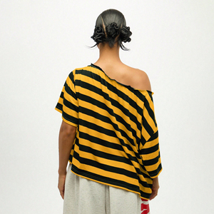 T-shirt rayé décontracté à manches courtes et épaules dénudées pour femme 2026, tricoté à la taille, ample, respirant, écologique, 100 % coton, été - Product Image 2