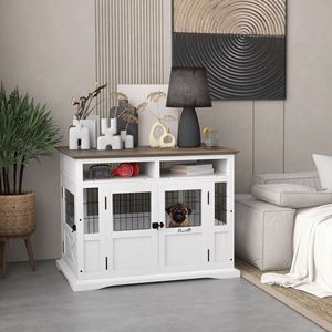 White Double-Door <b>Dog</b> Kennel Furniture Side End <b>Table</b> with Storage for Small and Medium <b>Dogs</b> - Product Image 1