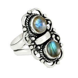 Bague Gourik en argent sterling 925 avec labradorite naturelle, deux pierres bleues, style bohème pour femme, bijoux ethniques oxydés faits à la main - Product Image 2
