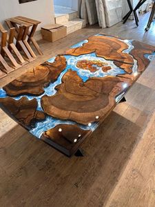 Table à manger rectangulaire en bois de chêne massif sur mesure avec résine époxy turquoise, pieds en forme d'épingle à cheveux, design moderne pour hôtel et entrepôt - Product Image 4