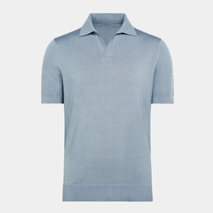Polo en tricot à manches courtes bleu clair pour homme, coupe classique, couleur unie, tissu en coton respirant - Product Image 2