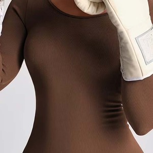 Women's Brown Long Sleeve Knitted Jumpsuit O-Neck Solid Color Breathable Spandex Cotton Full Length Regular Fit - Product Image 4