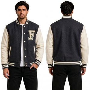 Blousons universitaires (varsity jackets) gris ardoise foncé haute densité, anti-rétrécissement, pour le campus et le streetwear décontracté, style Letterman - Product Image 1