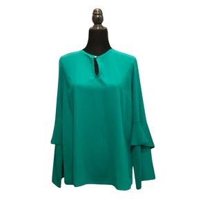 เสื้อเชิ้ตแขนยาวสีเขียวแต่งระบายสำหรับผู้หญิง เสื้อแฟชั่นลำลองทรงหลวมสวยหรู แขนเสื้อเป็นชั้นๆ เหมาะสำหรับใส่ทำงาน - Product Image 1