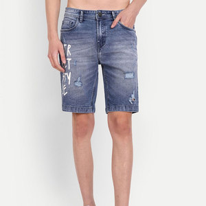Shorts Bermuda en jean déchiré bleu clair pour homme, taille mi-haute, fermeture éclair, style urbain, en coton tissé respirant, coupe ajustée, séchage rapide - Product Image 1