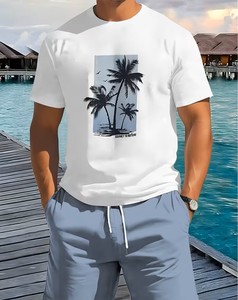 1 ชุด 2 ชิ้น เสื้อยืดแฟชั่นพิมพ์ลายต้นมะพร้าวสำหรับผู้ชาย ฤดูร้อน สดชื่น กางเกงขาสั้น ผ้าถักโพลีเอสเตอร์ยืดได้เล็กน้อย - Product Image 6