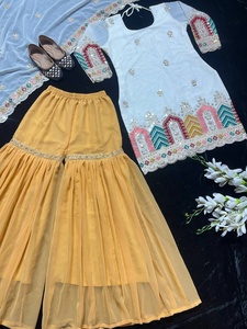 Costume Salwar Palazzo de créateur en soie véritable chinon à l'avant et à l'arrière beau mariage Kurti indien pakistanais à la mode soie élégante - Product Image 5