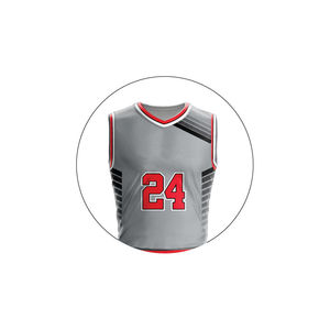 Ensemble de maillots de basket-ball sublimés personnalisés de qualité supérieure, gris, rouge, noir, col en V, sans manches, respirant, en maille, unisexe adulte, toutes saisons - Product Image 3