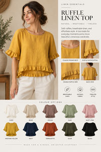 Conjunto de Dos Piezas para Mujer, Blusa de Lino y Algodón con Volantes en Amarillo Mostaza y Pantalones Blancos con Logotipo Frontal, Venta al Por Mayor - Product Image 4